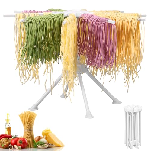 BUTORY Secador de fideos para secar pasta plegable con 10 asas de barra desmontables, hasta 2 kg, reutilizable para pasta, fideos reutilizables