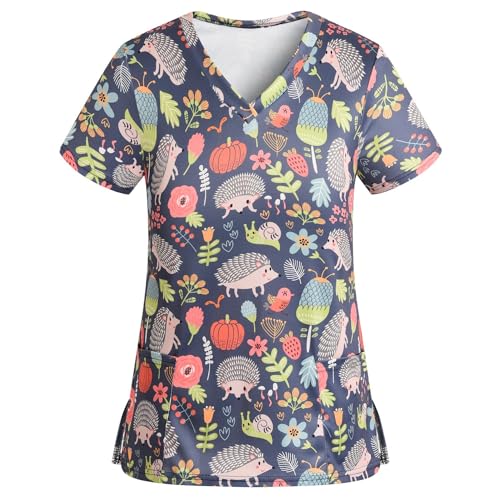 Scrub Tops for Women Stretchy Vneck Short Sleeve Cute Floral Animal Printed Holiday Nursing Pocketed Working Uniforms