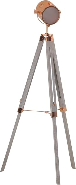 HOMCOM Industrial Tripod Floor Lamp, Nautical Searchlight with Adjustable Height, Wood Legs, E12 Lamp Base for Living Room, Bedroom, Grey and Rose Gold