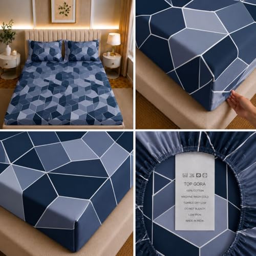 Image of Castiqa Elastic Fitted Supersoft Premium Polycotton 200TC King Size Bedsheets with 2 Pillow Covers (Fits Upto Mattress of 8Inches) (Blue Cubes, Full 72x78x8Inch)