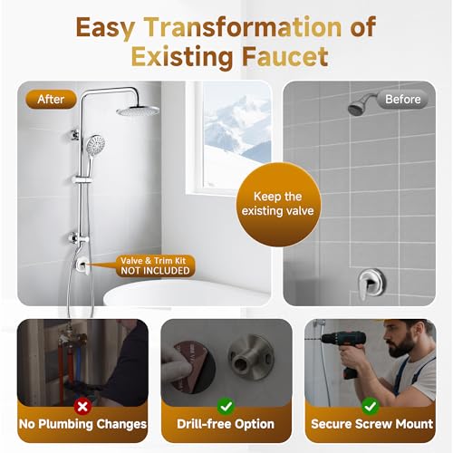 Image of BRIGHT SHOWERS Rain Shower Heads System Including Rainfall Shower Head and Handheld Shower Head with Height Adjustable Holder, Solid Brass Rail, 60 Inch Long Stainless Steel Shower Hose, Chrome