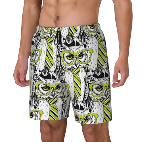 Green Glasses Tie Owl Funny Men's Swim Trunks Board Shorts Quick Dry-2