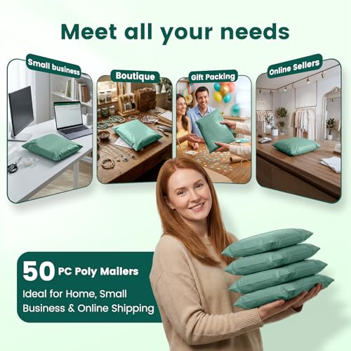 Image of Metronic Poly Mailers 10x13 50 Pack, Shipping Bags for Small Business, Waterproof Weather Resistant & Tear Resistant Durable Self Seal Mailing Envelopes Packaging bags for Clothing, Grayed Jade Green
