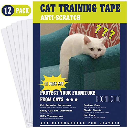 HONIKOO Cat Scratch Deterrent Tape?Cat Furniture Protector Double Side Couch Protectors Furniture Protection from Cat Scratching 12 Packs (6-Pack XL,6-Pack L) - Clear Sticky Paws Cat Tape