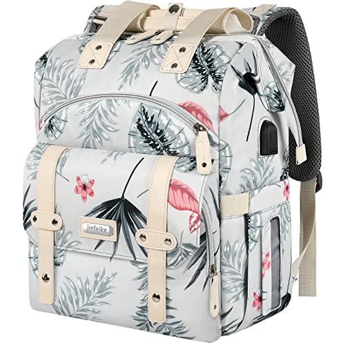 Image of Jiefeike Diaper Bag Backpack,15.6inch Baby Bags Gift for Mom Dad Girls Boys ,Green Leaf Travel Baby Diaper Bags with Insulated Pockets ,USB Charging Port,RFID Anti-Theft Water-Resistant Pocket Stroller Straps