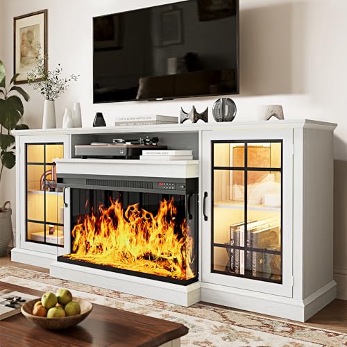Image of MXV 70'' Fireplace TV Stand, Farmhouse Entertainment Center with 3 Sided Glass TV Stand, Modern Media Console Table with Storage Drawers & Cabinets with LED Flame and Lights for Living Room, White