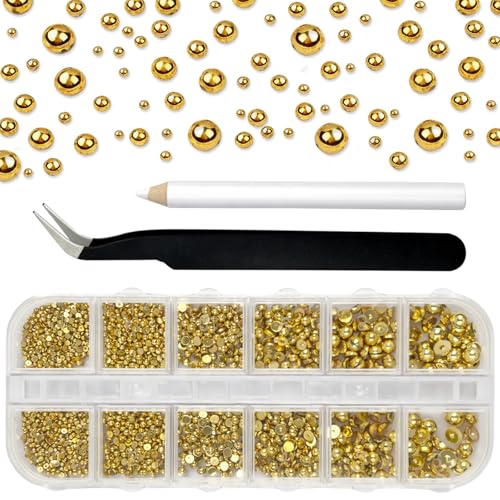 Flatback Pearl Gems SetGold Nail Charms & Gold Nail Charms – Half-Round Nail Pearls and Rhinestones with Pickup Pencil & Tweezers for DIY Nail Art, Makeup, and Craft Projects