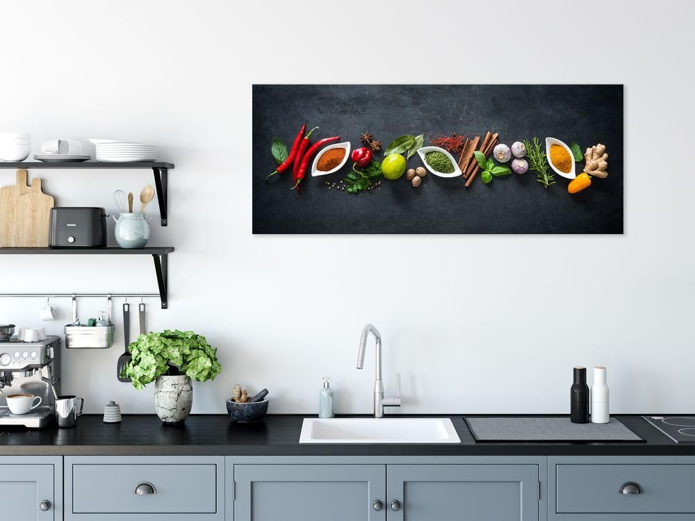 artissimo Bild Küche groß 125x50 cm frische Gewürze Kräuter AG5417A – modernes Glasbild, Küchenbild aus Glas, Wandbild XXL Querformat, Küchendeko dunkel elegant modern