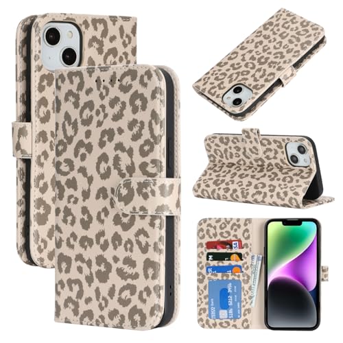 Image of for iPhone 14 Case Wallet with Card Holder,for iPhone 13 Wallet Case for Women Men,PU Leather Shockproof Magnetic Buckle Stand Flip Phone Case-Beige Leopard