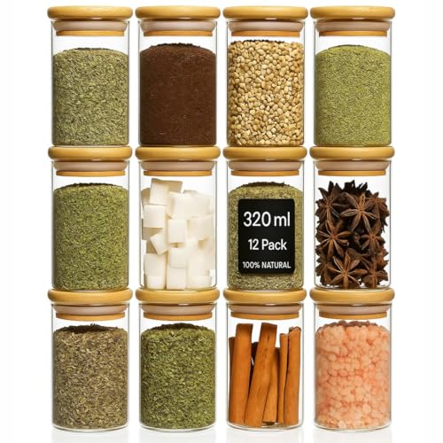 Image of Round Glass Jars with wooden lid Glass Jar set 330 ml food storage containers Borosilicate Glass Jar Set /Suit for Sugar, Salt, and Other Dry Food Storage set of 12(330 ML-ROUND-X JAR-)