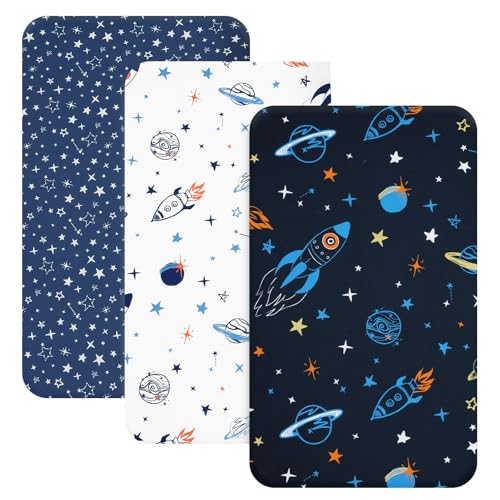 Image of david's kids 3 Pack Mini Crib Sheets, Soft Breathable Premium Pack N Play Sheets for Baby Boys Girls Neutral, Playard and Mini Crib Mattresses, Space