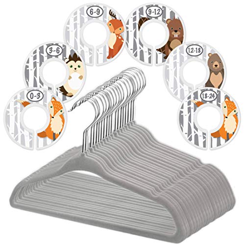 Image of Baby Hangers and Closet Size Dividers - 6X Woodland Clothing Dividers with 20x Velvet Hangers for Baby Closets - Nursery Clothes Organizer - Fox Deer Bear Hedgehog Beaver Décor [Woodland]