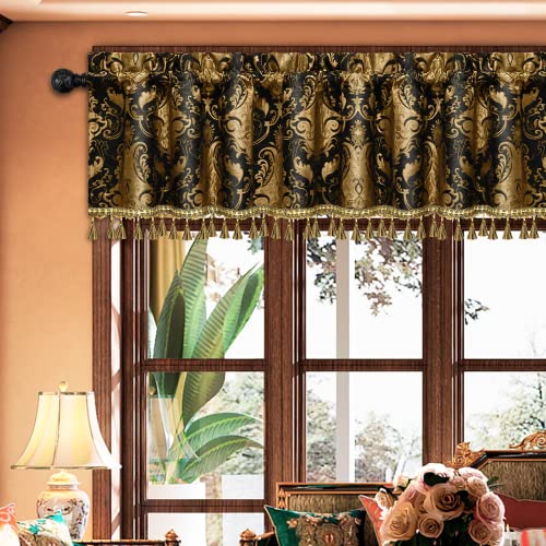 Loom and Mill Cenefas de lujo para ventana de sala de estar, cenefas clásicas de chenilla jacquard de damasco con borlas, cortina corta opaca con bolsillo para barra, 1 panel, decoración de Halloween