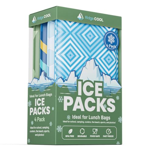 RIDGECOOL Slim Ice Packs for Lunch Boxes and Coolers 4 Pack Reusable Gel Freezer Packs with Fun Sports Designs BPA-Free Food Safe Non-Toxic Cold Packs Long Lasting Ice Packs for Kids 4.5 x 6 In