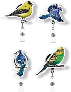 WIRESTER Set of 4 Retractable Badge Reel ID Holder with Alligator Clip for Office Worker, Medical Staff, Nurse, Doctor, Teacher, Student - American Goldfinch Bird, Blue Jay Birds, Budgie Parakeet Bird
