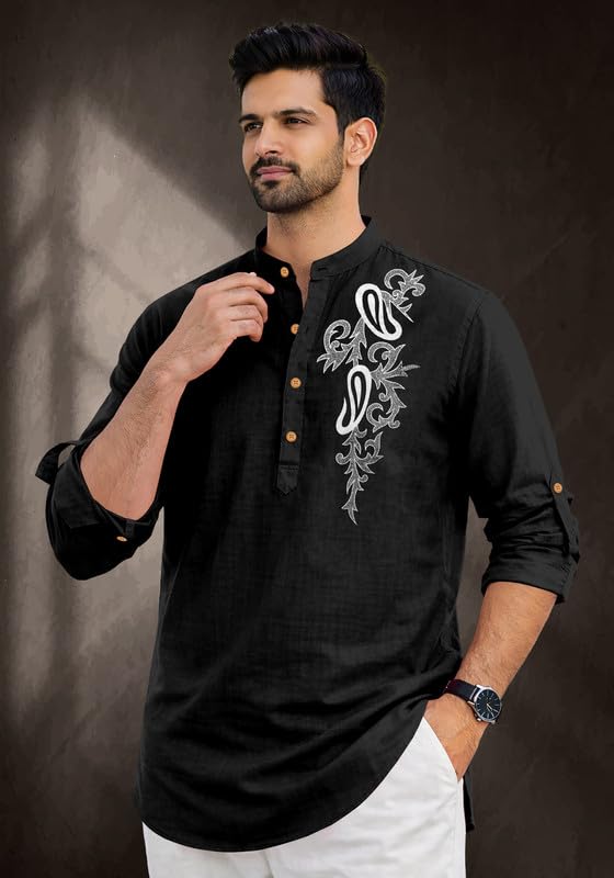 Image of Cotton Blend Self Design Printed Casual Short Kurta for Men Long Sleeve Mandarin Collar Stylish Kurta Shirt for Men