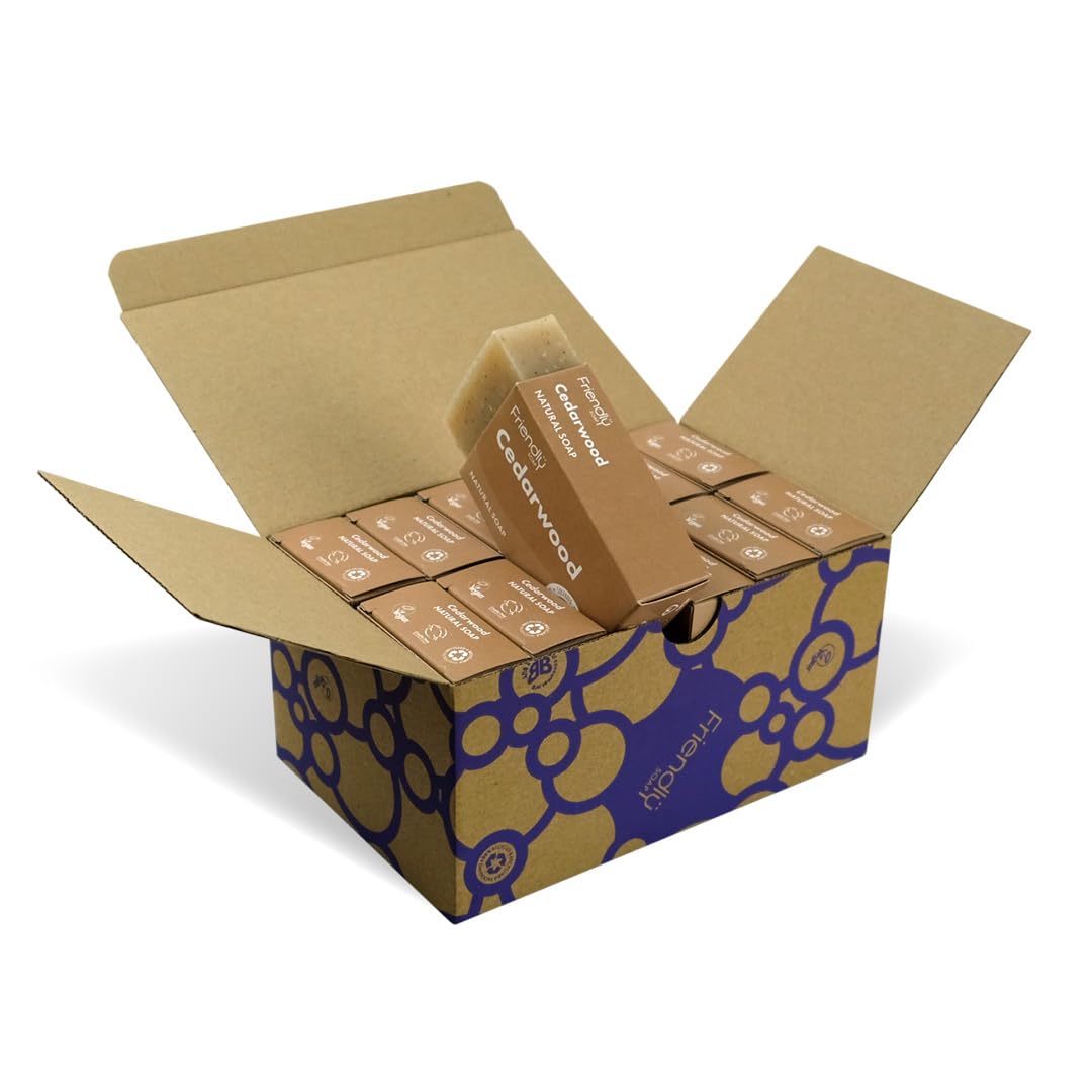 Friendly Soap - Cedarwood Natural Soap (12 x 95g), Plant-Based, Cruelty-Free, Made by Hand, No Preservatives or Sulphates, Recycled & Recyclable, Palm Oil Free, Cruelty Free