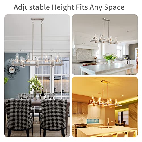 Image of WUZUPS Island Rectangle Chandelier 10-Light with Clear Glass Industrial Modern Farmhouse Linear Light Fixture for Dining Room Kithen Island, Width 42.5 inch Height 10.4 inch, Brushed Nickel