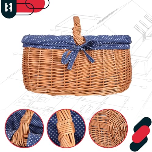 KOTARBAU® Weidenkorb mit Henkel - 47 x 31 x 32 cm - Korb mit Henkel - Einkaufskorb - mit Stoffeinlage in Blau - Pilzkorb - Erntekorb - Natürlich - Lebensmittelecht - Weide - Braun