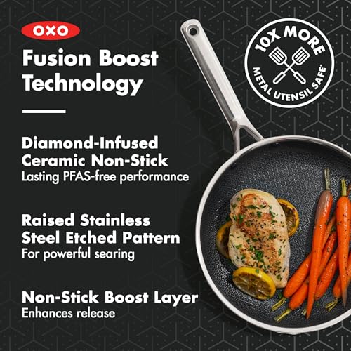 Image of OXO Hybrid 10 inch Nonstick Stainless Steel Frying Pan, Durable PFAS-Free Ceramic Skillet, Stay-Cool Handle, Induction & All Cooktop Compatible, Dishwasher Safe, Mirror Polished Tri-Ply