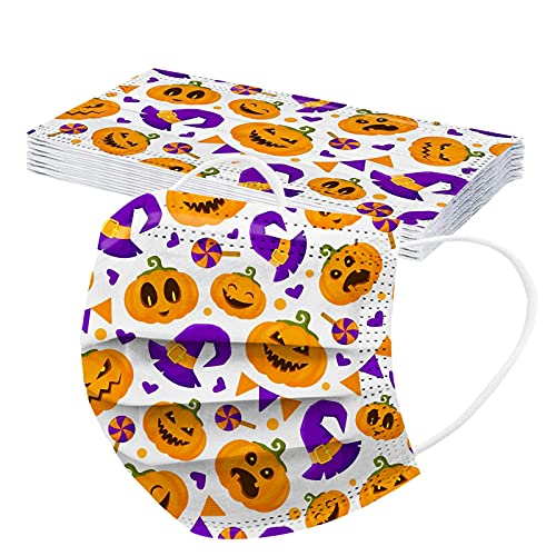 Kuyago 5/10/20/50/100 PCS Femmes (3 Couches) Masque_Tissu Jetable, Anti-Poussière Respirable Jetable Earloop Bouche De Visage, Le De Bon Confort Imprimé Halloween de Dessin Animé Mignon Adultes Cover