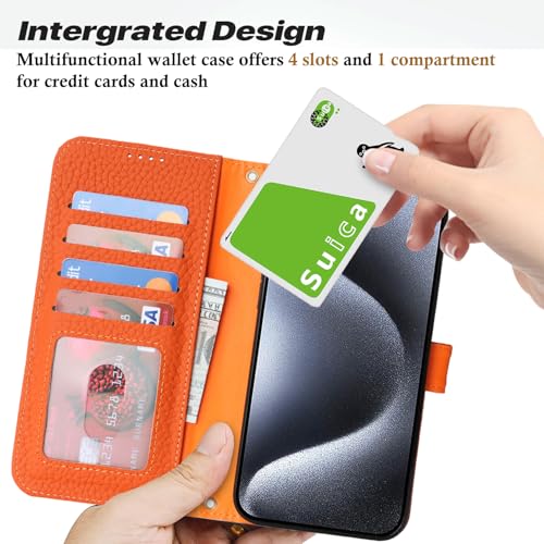 Coque iPhone 15 Pro en cuir véritable, étui portefeuille orange élégant