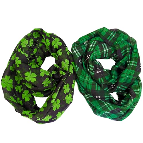 Morigins 2-Pack St. Patrick's Day Scarf for Women, Green Shamrock & Plaid Lightweight Fashion Scarf