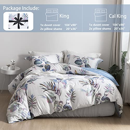 MILDLY 100% Long-Staple Cotton Duvet Cover Set Palm Leaf Pattern Printed Comforter Cover 3pcs, Ultra Soft & Breathable Bedding Set