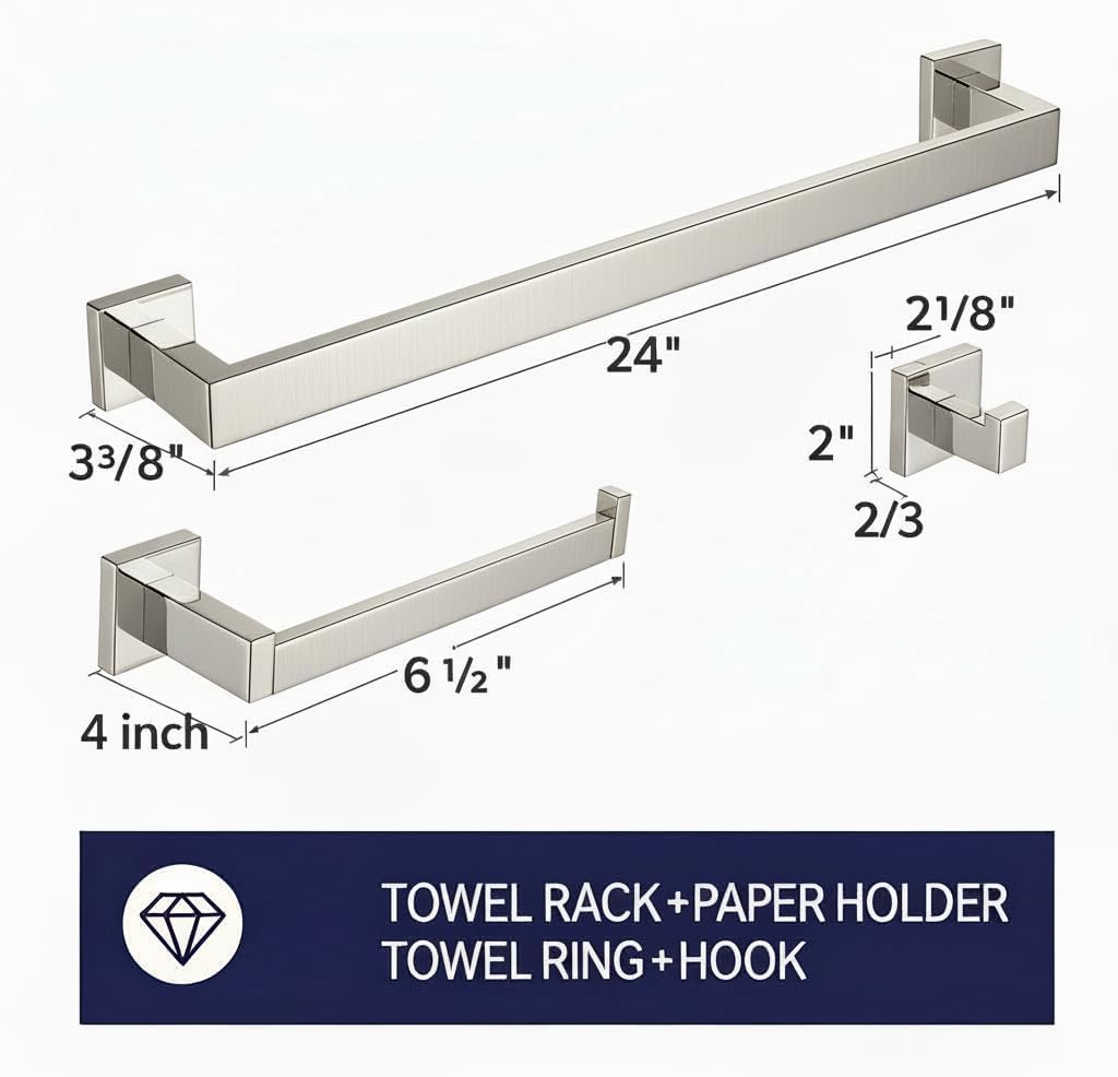 3 Piece Towel Bar Set for Bathroom, Washroom, Toilet Paper Roll Holder Set, Bath Accessories Set, Heavy Duty Wall Mounted, Towel Holder Rack Hook Rod (Brushed Nickel)