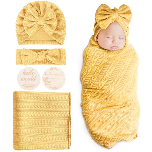 Image of BQUBO Baby Swaddle Blankets for Girls, 4PCS Newborn Accessories Set with Hat and Bow Headband with Hello World Wooden Birth Announcement Card, Baby Blankets for Girls