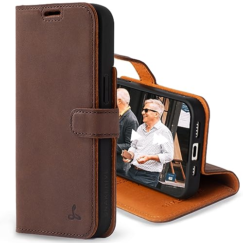 Snakehive Leather Wallet for iPhone 15 - Real Leather Wallet Phone Case - Genuine Leather with Viewing Stand and 3 Card Holder - Flip Folio Cover with Card Slot (Brown)