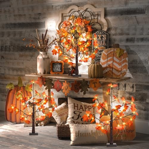 EEW 2FT Lighted Maple Tree, Artificial Tabletop Lamp with Timer, Warm White Pre-lit LED Fall Maple Tree USB/Battery Operated for Indoor Outdoor, Electric Lights for Christmas Tree