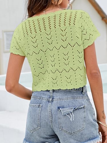Image of Crochet Cardigans For Women Spring Summer Beach Short Sleeve Shrug Cropped Boho Lightweight Sweater Cover Up Tie Front Tops