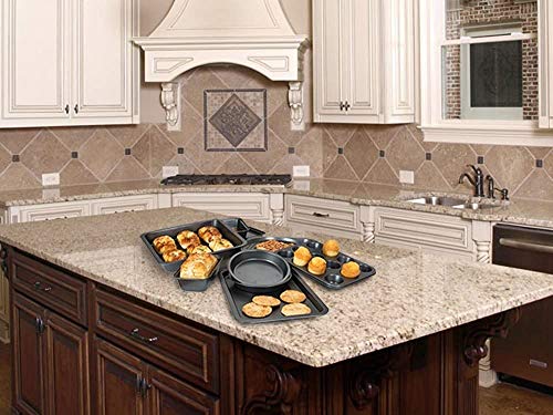 PERLLI 10-Piece Non-Stick Bakeware Set, Includes Oven Crisper, Pizza Tray, Roasting, Loaf, Muffin, Square, 2 Round Cake Baking Pans, Large and Medium Nonstick Cookie Sheet & Microfiber Cleaning Cloth
