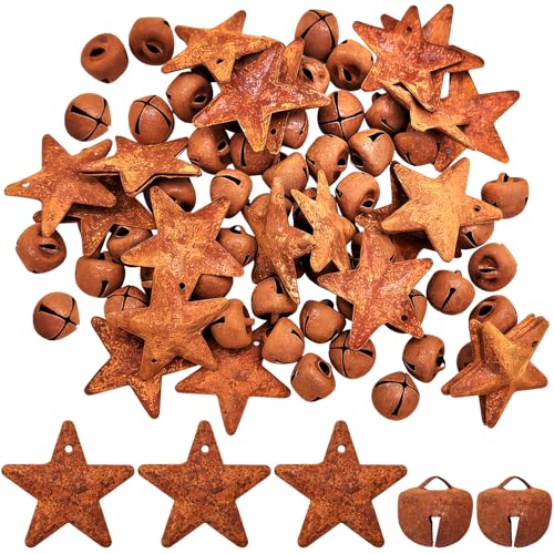 30 Pcs 1 Inch Metal Rusty Barn Star for Crafts with Holes + 60 Pcs 2/5 Inch Rustic Jingle Bells Vintage Antique Primitives Country Star Craft Ornaments 3D for Christmas Tree Home Decor DIY Craft