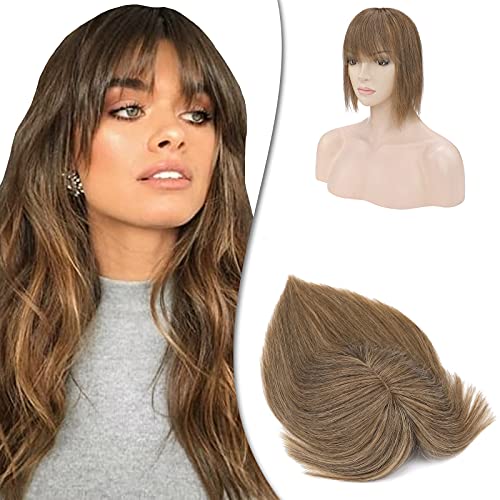 Hairro Human Hair Toppers With Bangs Silk Base Topper Clip In Top Hairpieces Air Bangs Toupee Replacement Clip On Topper On Closure Hair Extensions Hidden Wiglet For Women 10 Inch 33G #6 Light Brown #TOP23
