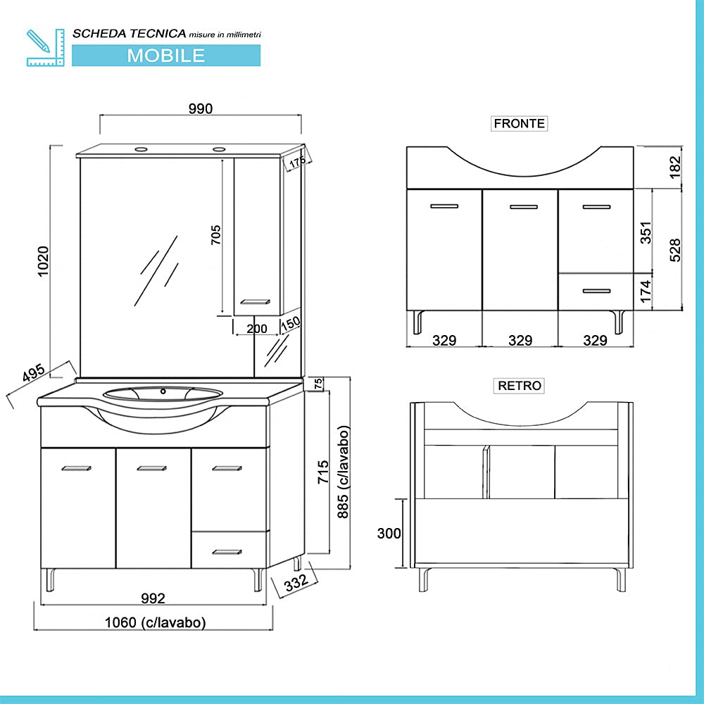 Inbagno Mobile Bagno a Terra Moderno, lavabo in Ceramica, Include specchiera con pensile e Illuminazione LED (Rovere Grigio, Larghezza 105 cm)