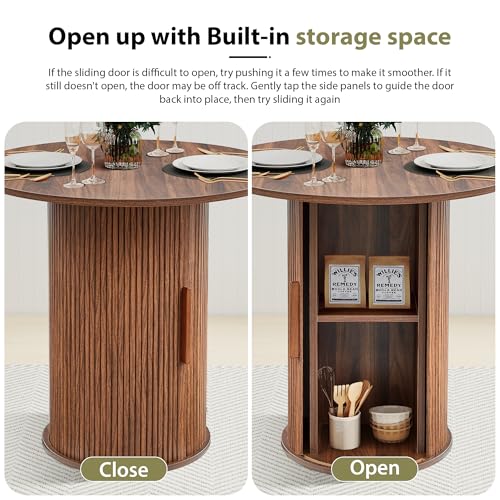 Image of 31.5 inch Round Dining Table for 2-4, Modern Farmhouse Kitchen Table with 2-Tier Storage Shelf, Small Wooden Circle Dining Tables with Fluted Base for Home Dining Room Living Room (Walnut)