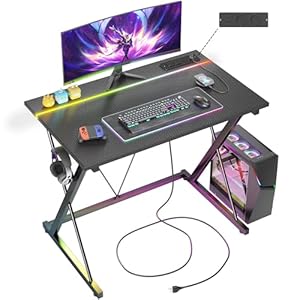 BEXEVUE Gaming Desk with LED Power Strip, 80x50 cm Computer Gamer Desk, 2 Outlets, USB and Type-C Ports, Modern X-Frame Design, Headphone Hook, Carbon Fiber Black