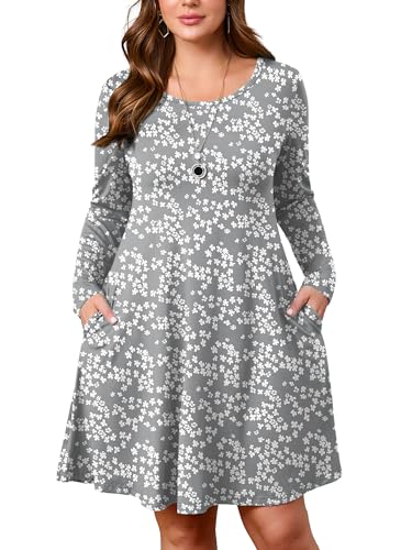 Image of AusLook Women's Plus Midi Dress Long Sleeve Crew Neck A-Line Swing Flowy Vacation Fall Wedding Guest Dresses with Pocket 1-5X