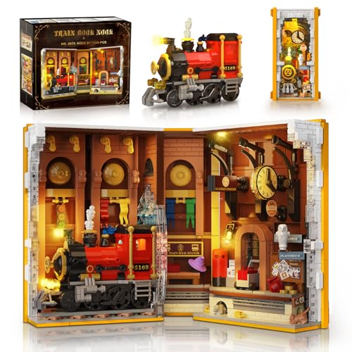 HOGOKIDS Magic Train Station Book Nook Building Set with Light, 1300 PCS Booknook Building Toys for...