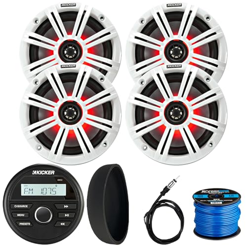 KICKER 46KMC2 Marine Bluetooth All-Weather AM/FM USB/AUX Gauge Style Media Center Receiver W/Black Cover, 4X 6.5 195W Max Power RGB LED Coaxial Speakers W/White Grille, Antenna, Speaker Wire