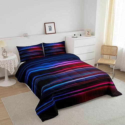 Image of Feelyou Ombre Comforter Set Queen, Red Blue and Black Striped Bedding Set Gradient Contemporary Comforter for Kids Boys Girls Teens Modern Abstract Geometric Duvet Set Lightweight Quilt Set