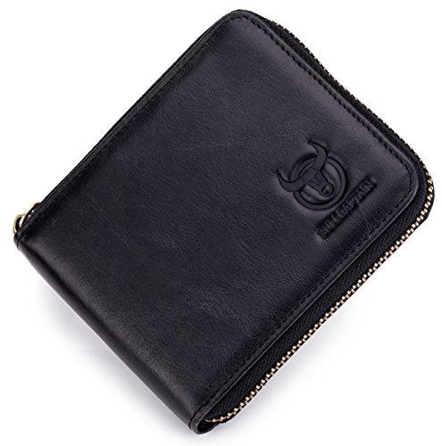 BULLCAPTAIN Men Genuine Leather Zipper Wallet RFID Blocking Bifold Wallets ID Window Credit Card Case (Black)4