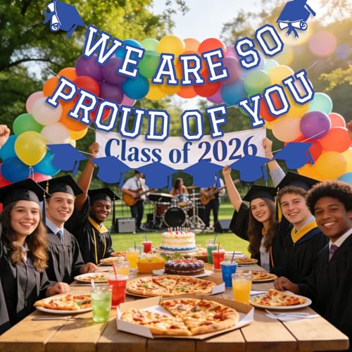 Image of We Are So Proud Of You Banner Graduation Party Decorations Congrats Grad Cap Garlands Wall Sign White Blue