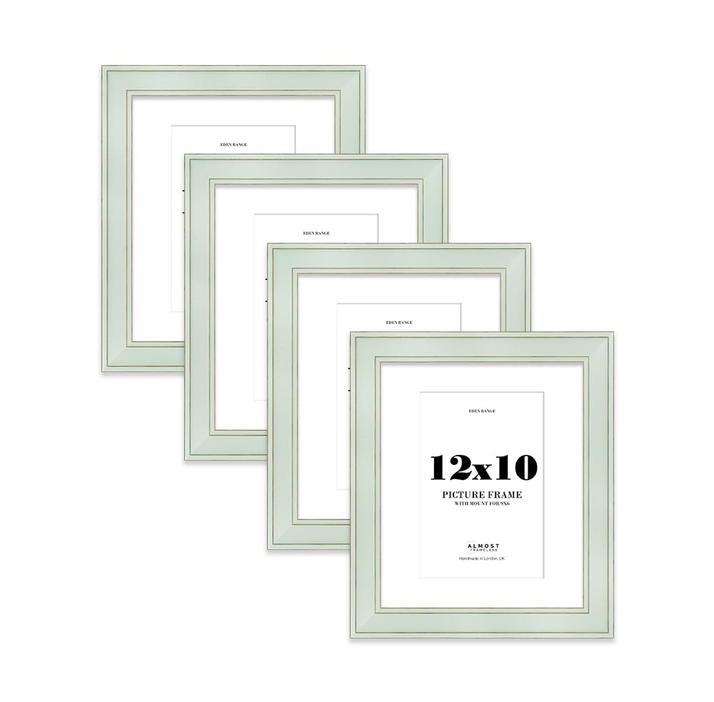 12x10" Sage Green Picture Frame with 9x6" Mount - Shabby Chic Photo Frame with Distressed Finish, Gold Trim, Wall Hooks and Kickstand, 37mm Edge - 4 Pack