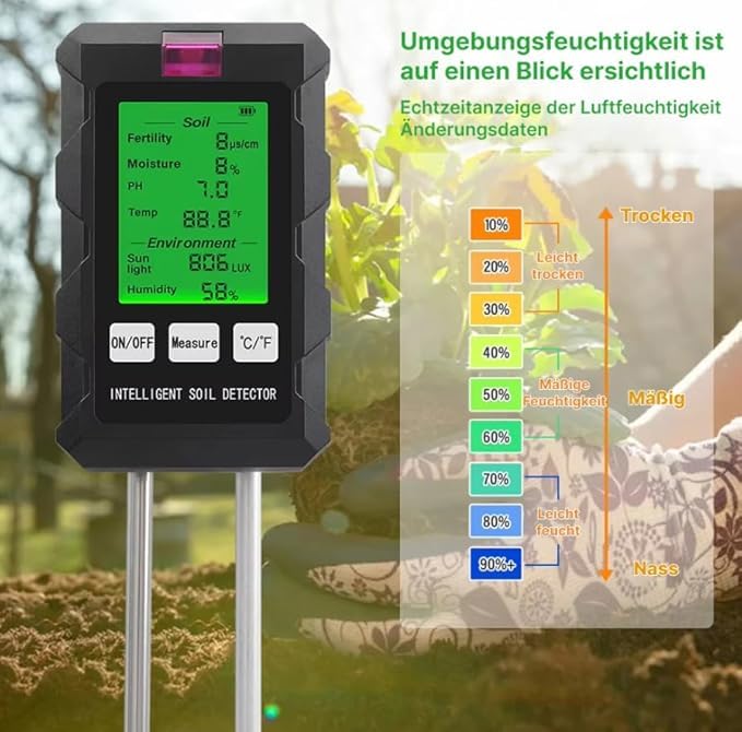 rotobest Boden feuchtigkeitsmesser Original 6-in-1 Bodenmessgerät – Digitaler pH Bodentester für Feuchtigkeit, Temperatur, Licht und Fruchtbarkeit