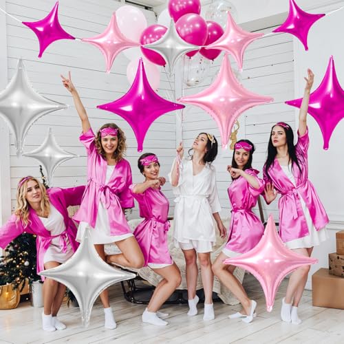 Image of Pink Silver Star Balloons,12Pcs Four Angle Star Foil Balloons