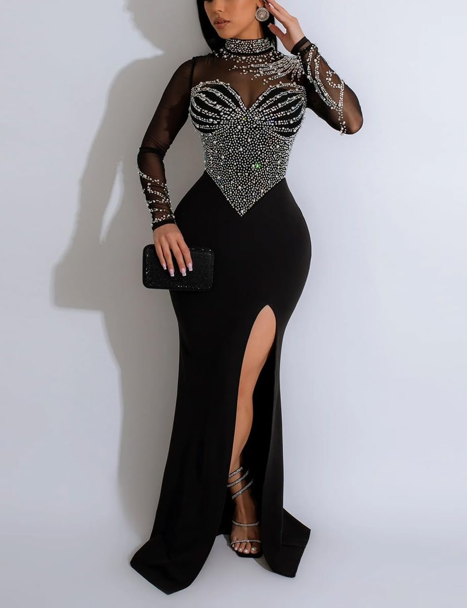WOKANSE Women's Formal Dresses Mock Neck Sexy Mesh See Through Long Sleeve High Slit Sparkly Rhinestone Prom Dress - Image 3