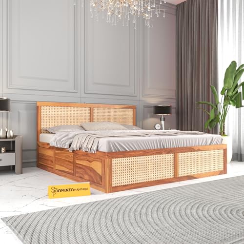 Image of Sheesham Wood Cane Bed with Box Storage for Bedroom | Queen Size Wooden Double Bed Palang with Rattan Headboard & Footboard (Honey Finish)